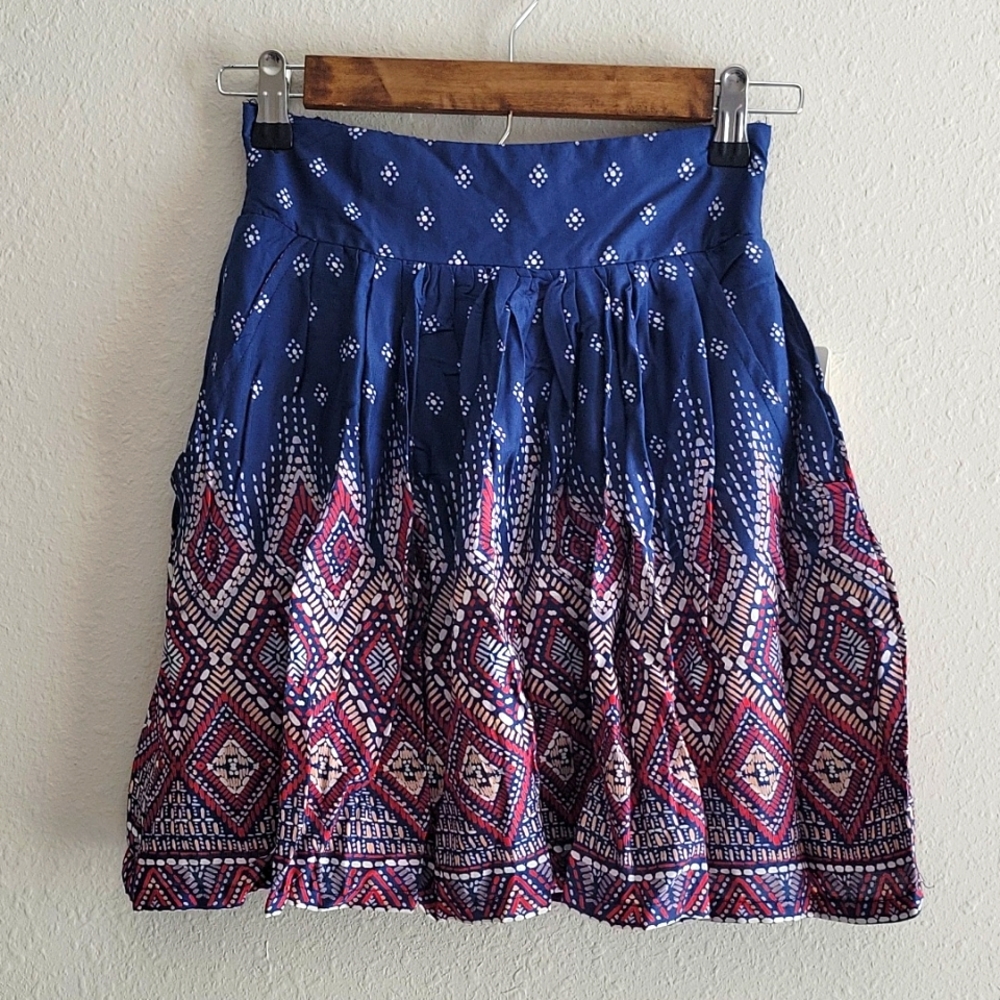 Japna Blue and Pink Patterned Mini Skirt